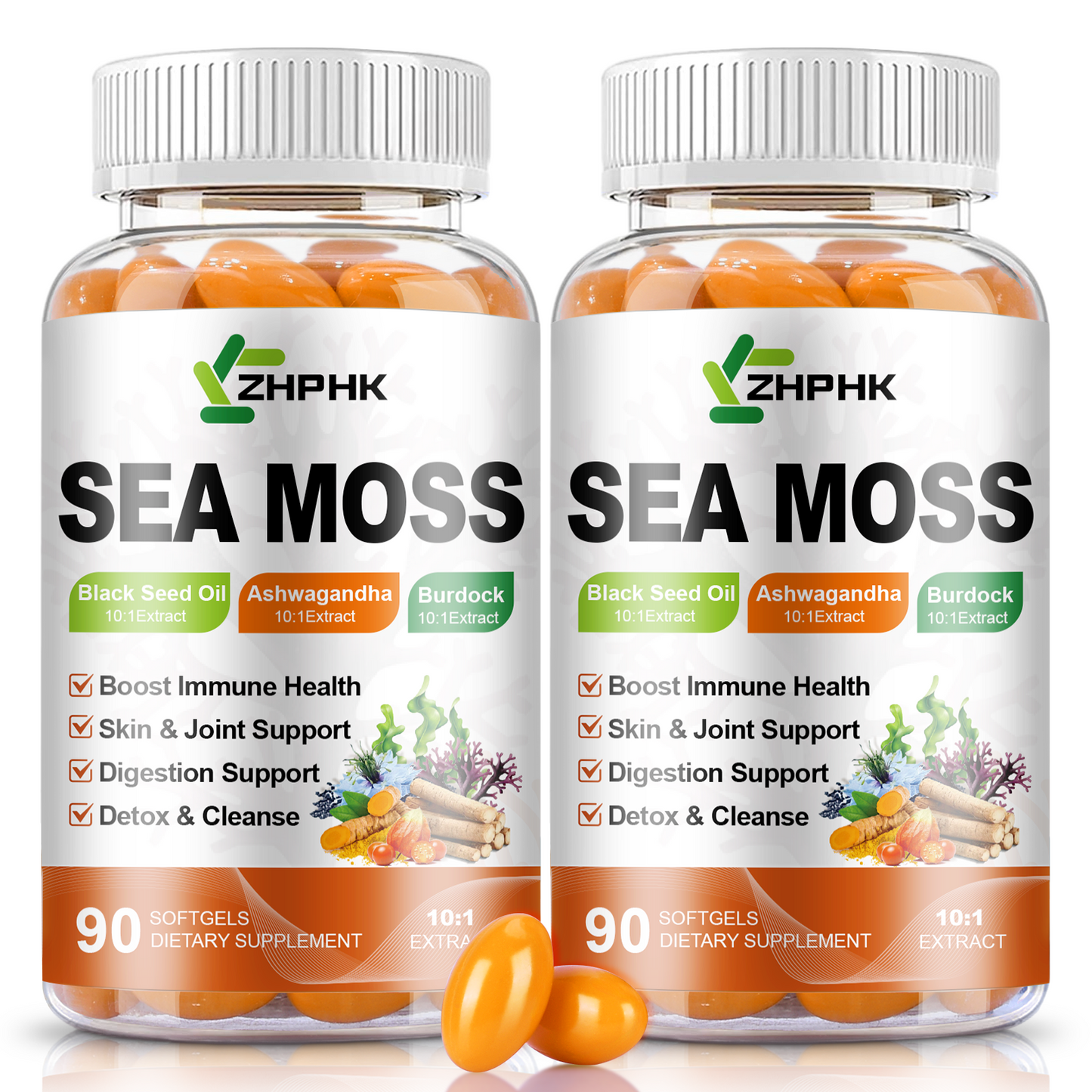 Organic Sea Moss Softgels with Black Seed Oil, Ashwagandha, Burdock, Turmeric, Elderberry, Omega 3 for Immune System, Skin, Joint, Energy, Gut Support 90-Count, 45 Days Supply