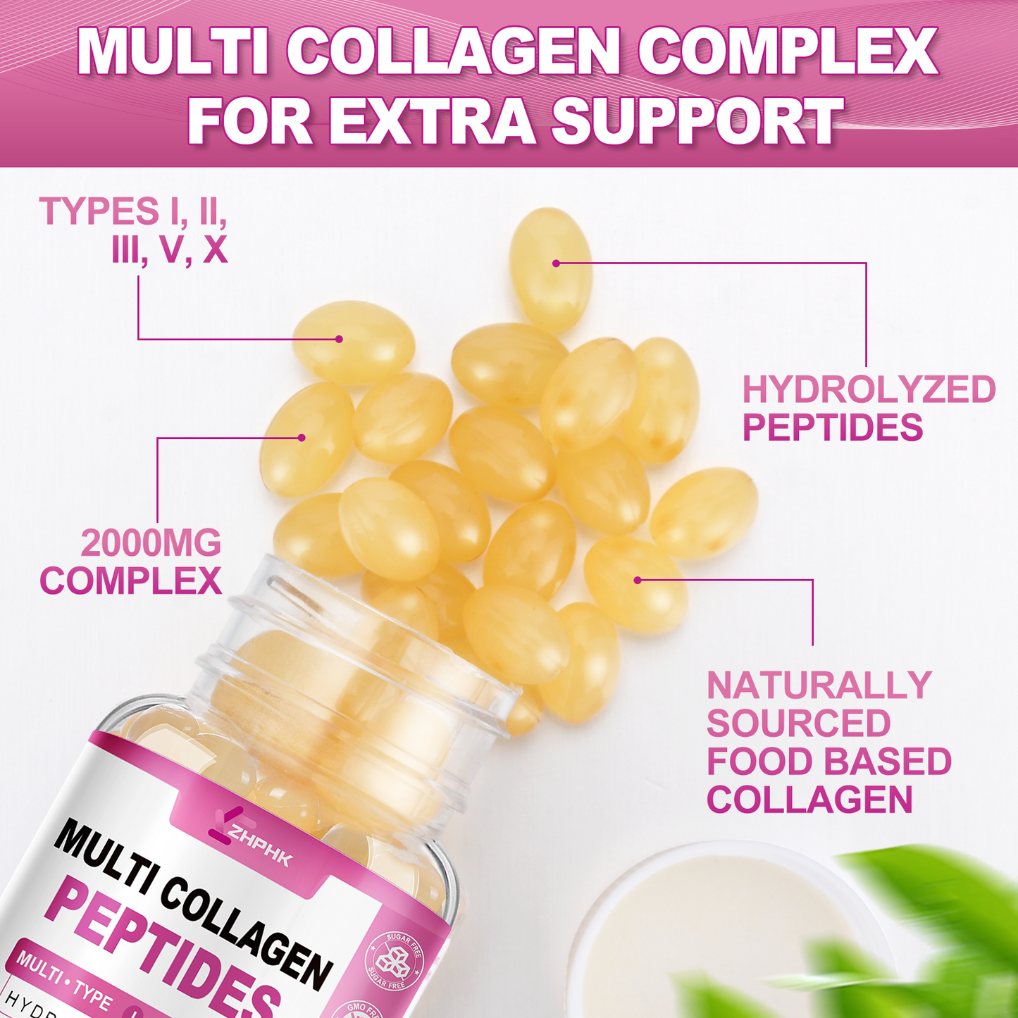 Multi Collagen Peptides for Women Hydrolyzed Collagen Complex Softgels 2000mg Collagen Supplement Type I II III V X with Hyaluronic Acid Biotin Vitamin C - Support Skin Hair Nail | 120 Count
