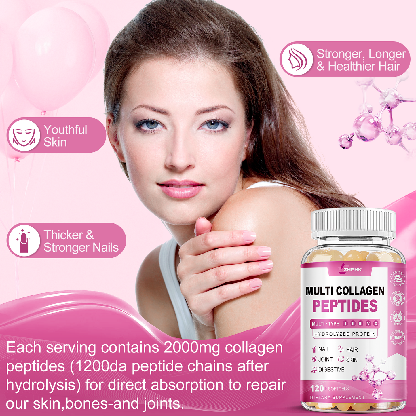 Multi Collagen Peptides for Women Hydrolyzed Collagen Complex Softgels 2000mg Collagen Supplement Type I II III V X with Hyaluronic Acid Biotin Vitamin C - Support Skin Hair Nail | 120 Count