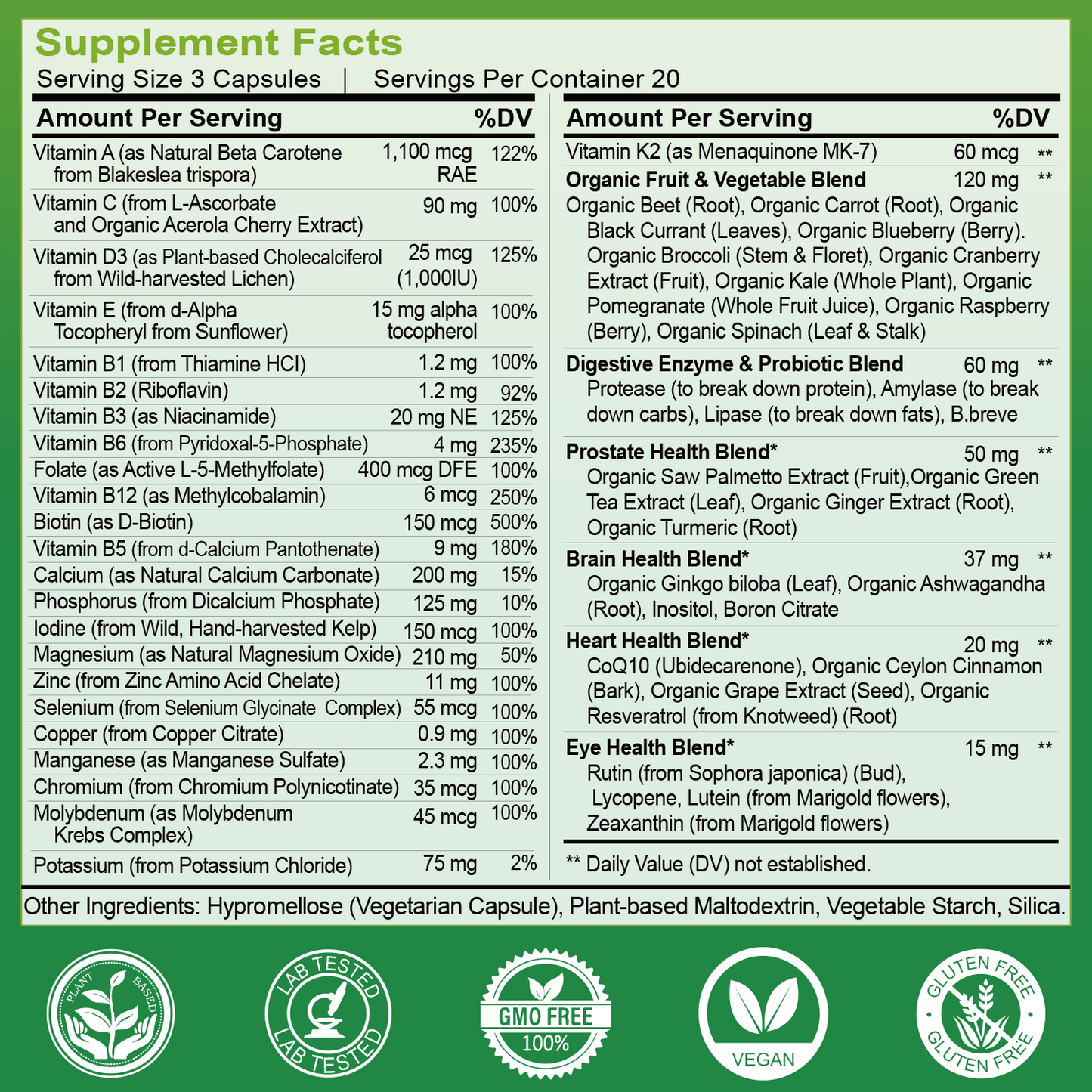 Mens Multivitamins 50 Plus, Whole Food Multivitamin Organic Natural Foods Mens Vitamins Multivitamin Men 50+ for Brain, Heart and Eye Health, Improve Digestion & Prostate Healt