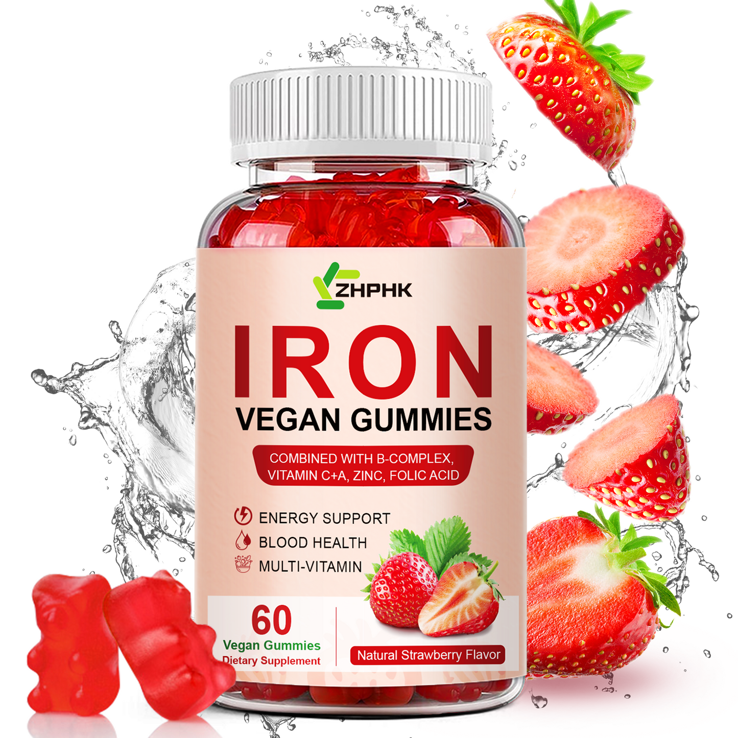 Iron Supplement Gummies, 65mg Iron and 250mg Vitamin C for Women Men Kids, Natural Vegan Iron Gummy with Vitamin A, B-Complex, Biotin, Zinc & Folate Energy Support & Immune Health