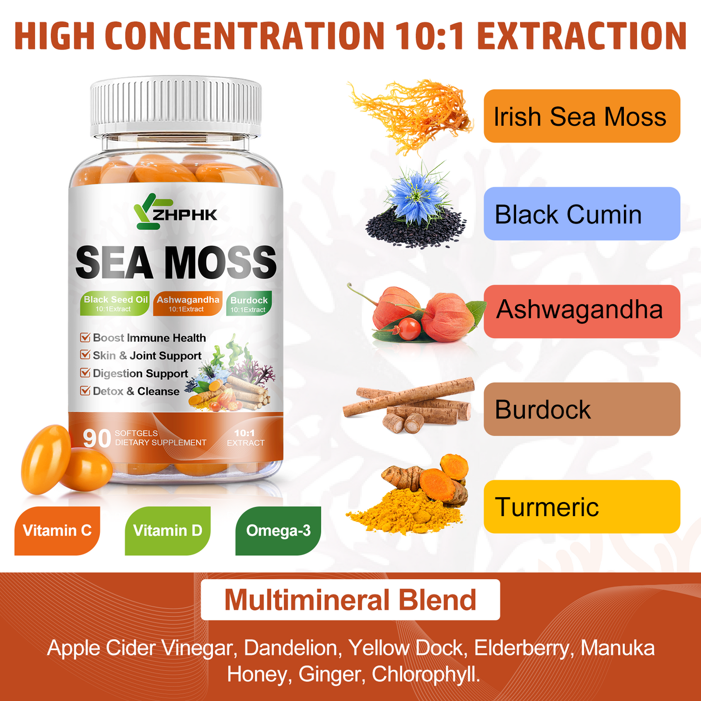 Organic Sea Moss Softgels with Black Seed Oil, Ashwagandha, Burdock, Turmeric, Elderberry, Omega 3 for Immune System, Skin, Joint, Energy, Gut Support 90-Count, 45 Days Supply