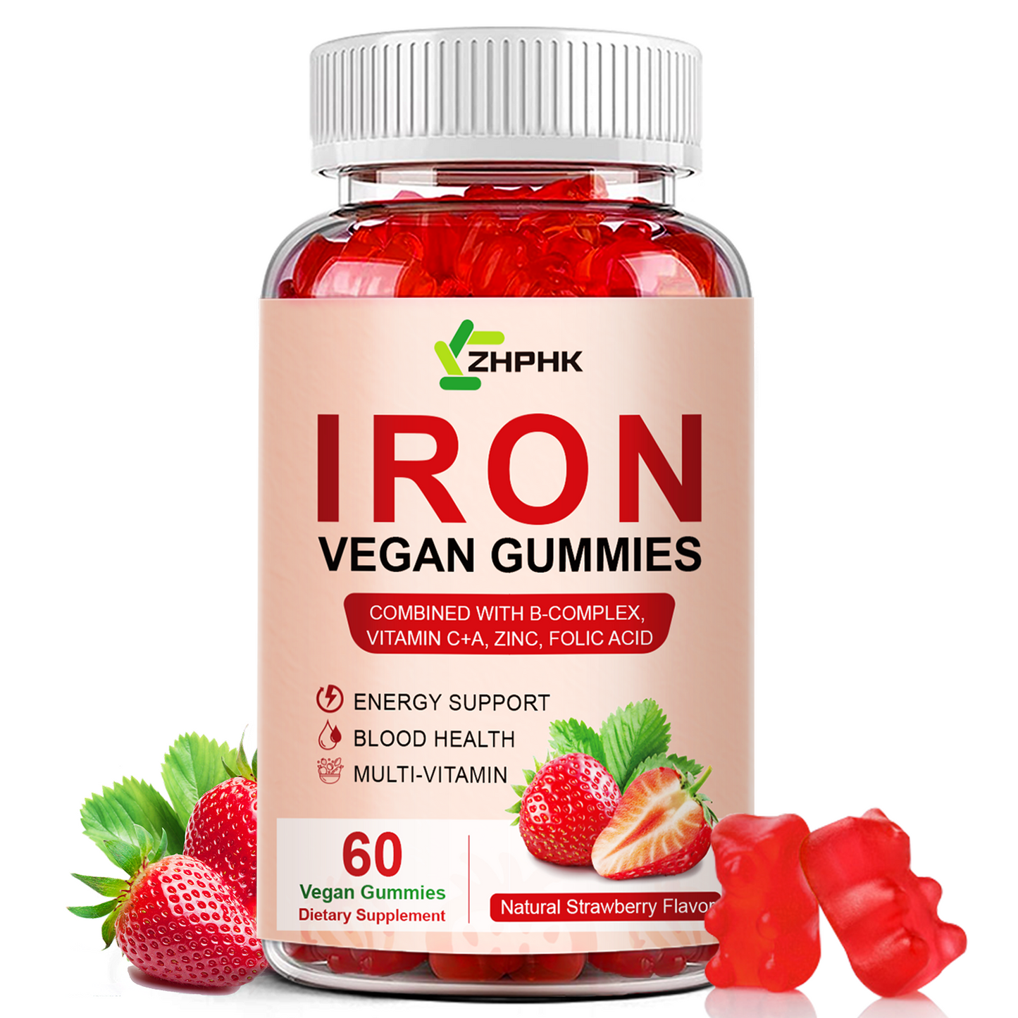 Iron Supplement Gummies, 65mg Iron and 250mg Vitamin C for Women Men Kids, Natural Vegan Iron Gummy with Vitamin A, B-Complex, Biotin, Zinc & Folate Energy Support & Immune Health