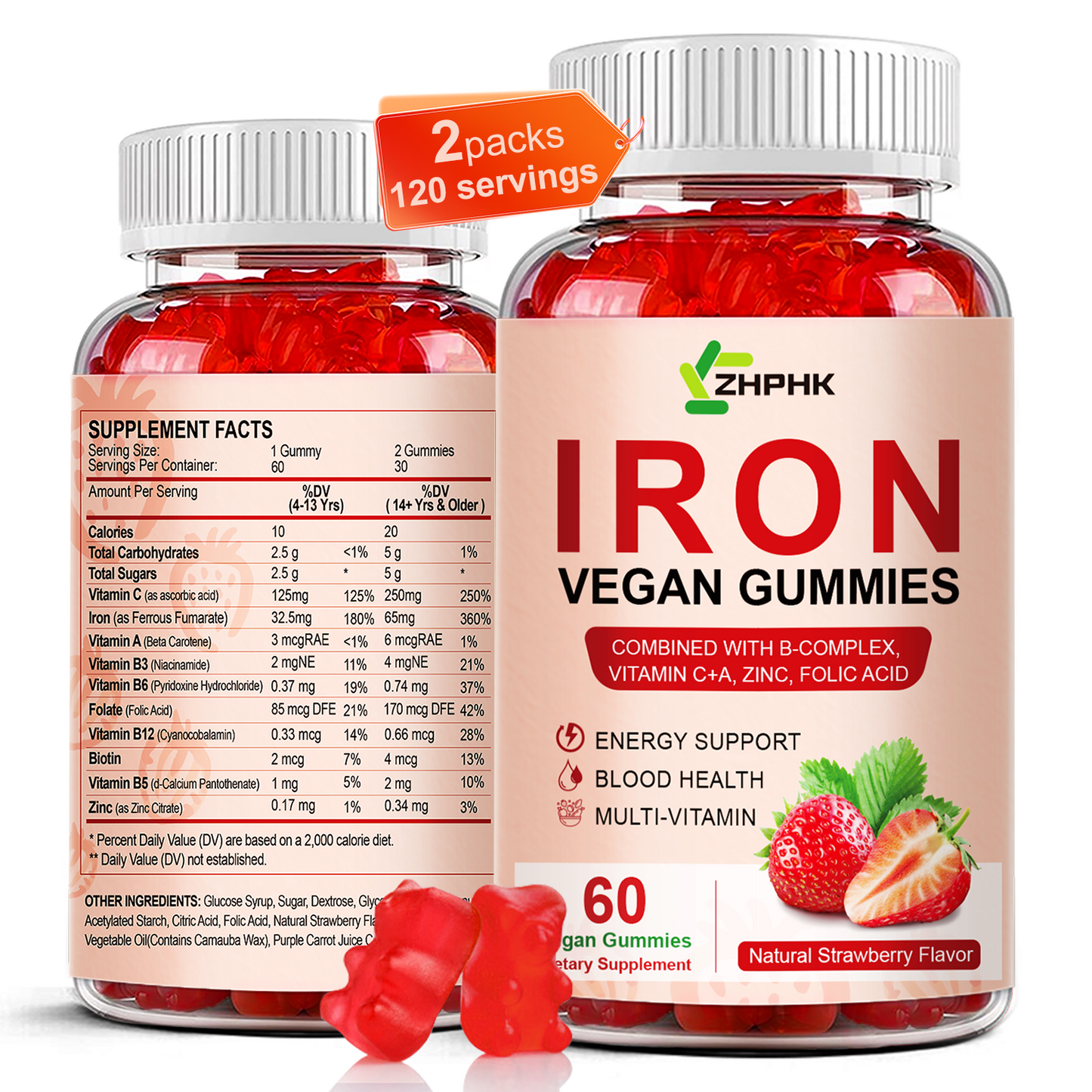 Iron Supplement Gummies, 65mg Iron and 250mg Vitamin C for Women Men Kids, Natural Vegan Iron Gummy with Vitamin A, B-Complex, Biotin, Zinc & Folate Energy Support & Immune Health