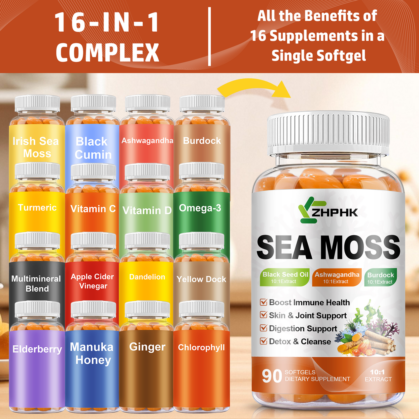 Organic Sea Moss Softgels with Black Seed Oil, Ashwagandha, Burdock, Turmeric, Elderberry, Omega 3 for Immune System, Skin, Joint, Energy, Gut Support 90-Count, 45 Days Supply