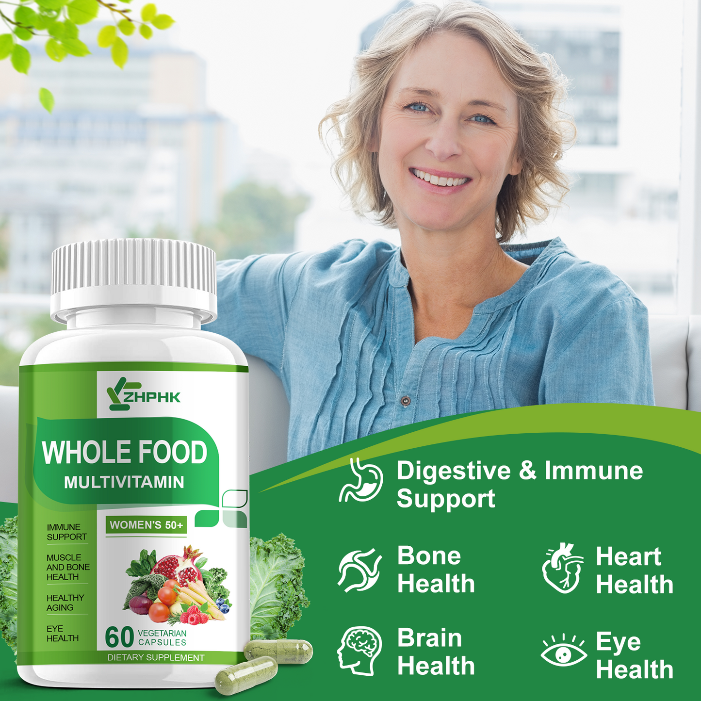 Multivitamin for Women 50 and Over, Whole Food Multivitamins Minerals Organic Extracts Women's 50+ Multivitamin for Energy Support, Nourish Hair, Skin, Nails Health