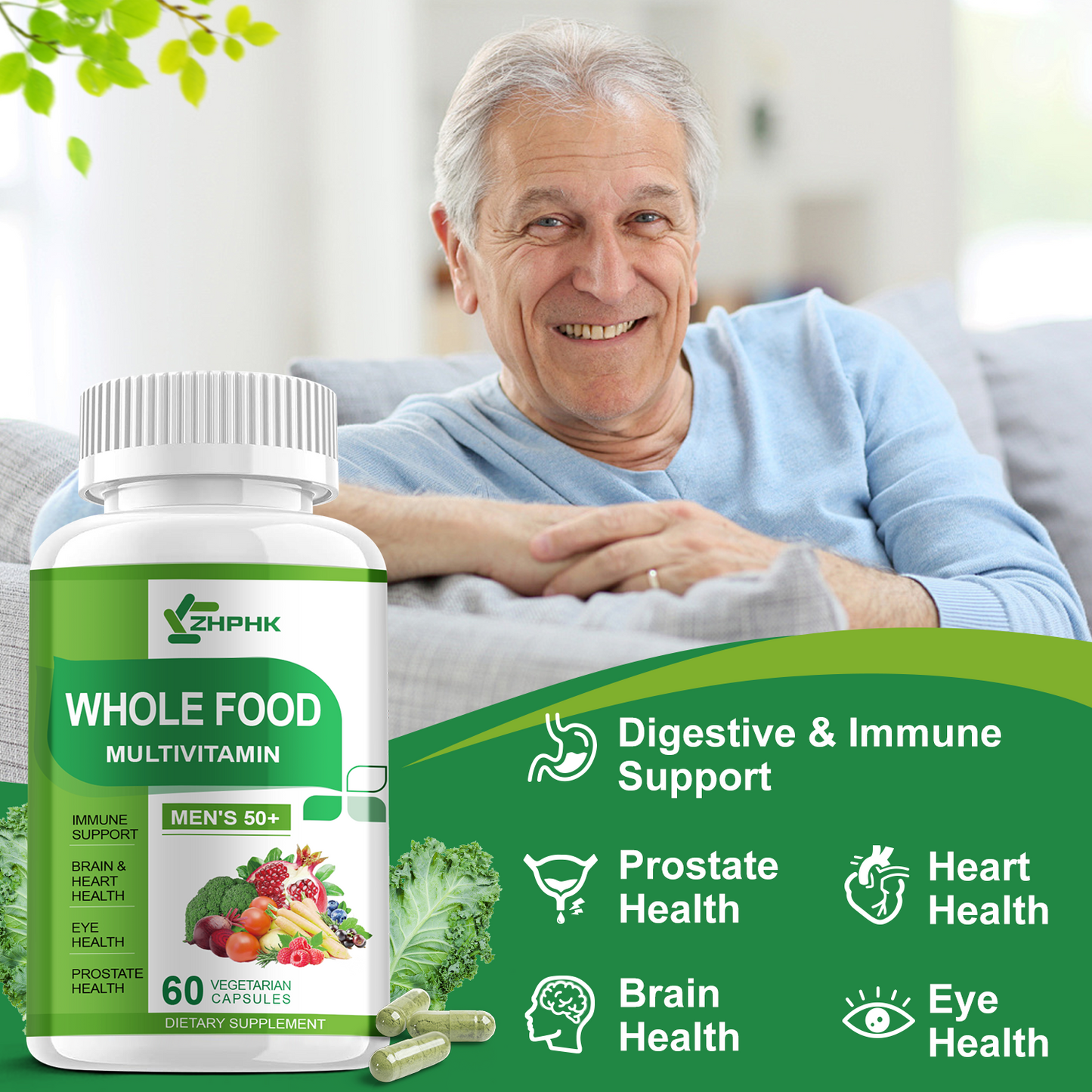 Mens Multivitamins 50 Plus, Whole Food Multivitamin Organic Natural Foods Mens Vitamins Multivitamin Men 50+ for Brain, Heart and Eye Health, Improve Digestion & Prostate Healt