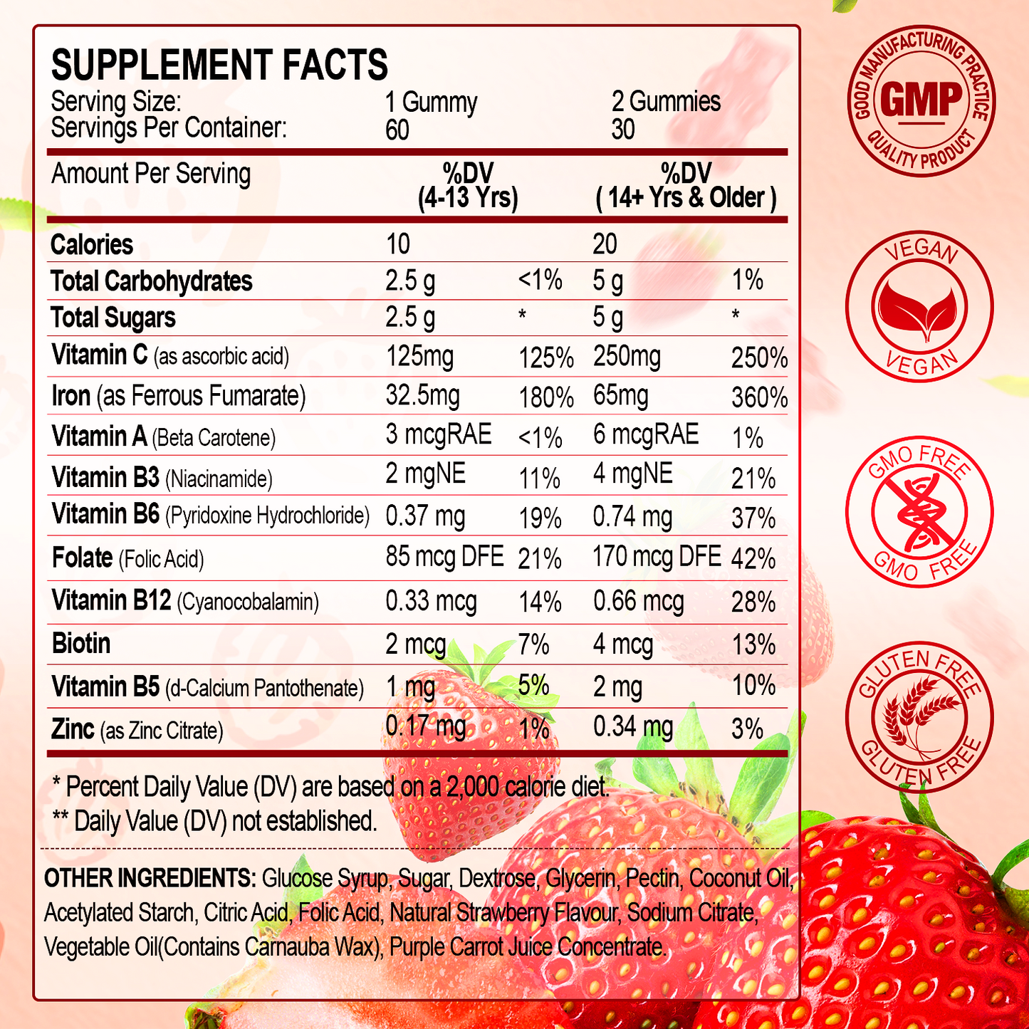 Iron Supplement Gummies, 65mg Iron and 250mg Vitamin C for Women Men Kids, Natural Vegan Iron Gummy with Vitamin A, B-Complex, Biotin, Zinc & Folate Energy Support & Immune Health