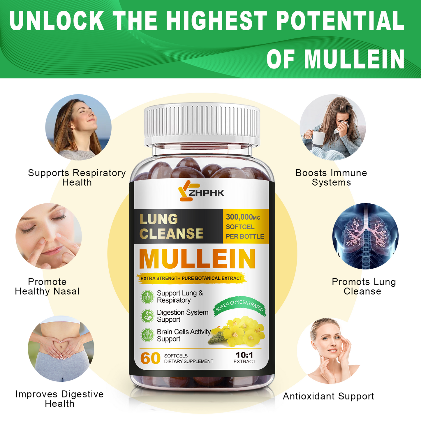 Mullein Leaf Extract for Lungs Softgels, Lung Cleanse Lung Detox for Smokers, Respiratory Support Lung and Bronchial Support, Vegan, Non-GMO, Immune Digestive Support
