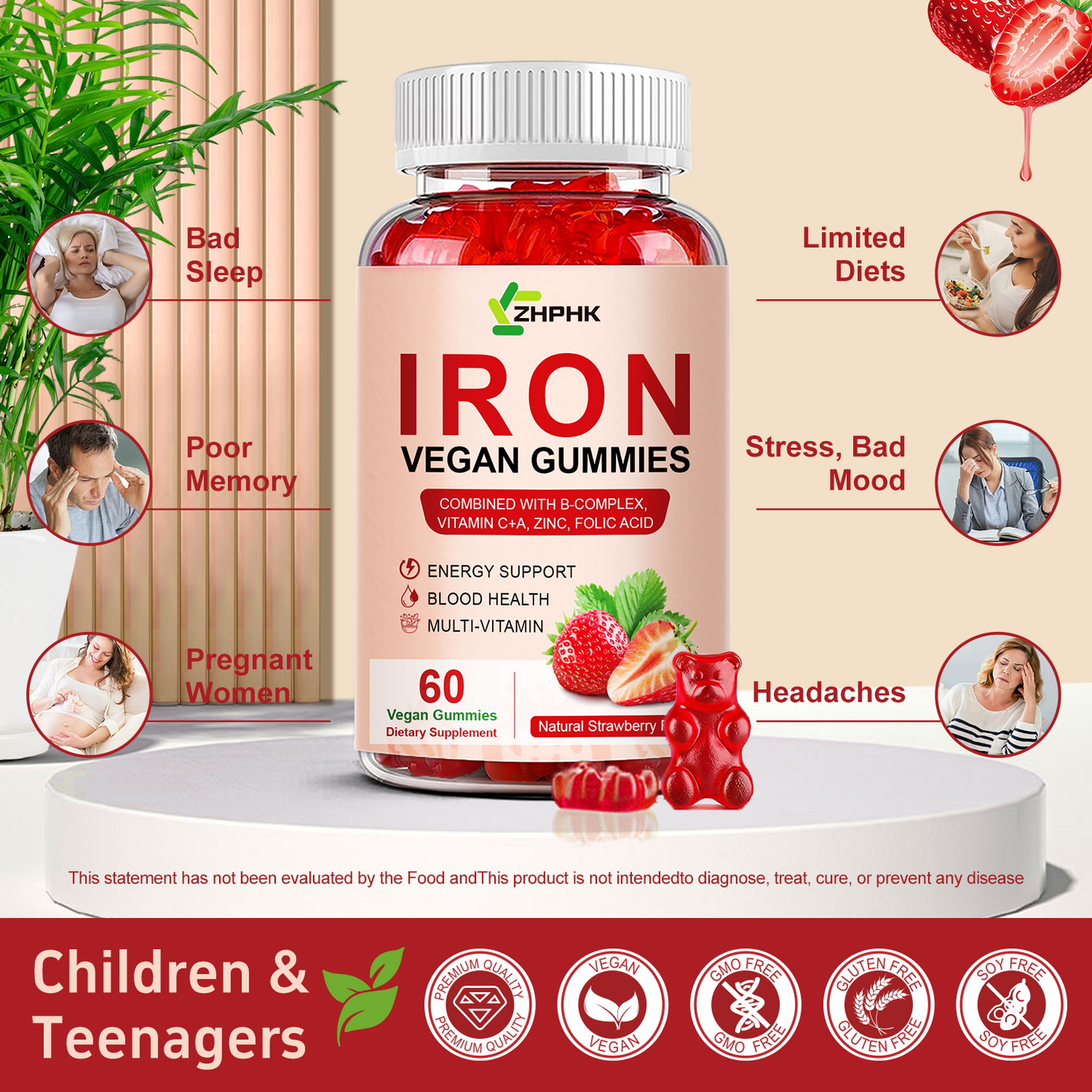 Iron Supplement Gummies, 65mg Iron and 250mg Vitamin C for Women Men Kids, Natural Vegan Iron Gummy with Vitamin A, B-Complex, Biotin, Zinc & Folate Energy Support & Immune Health