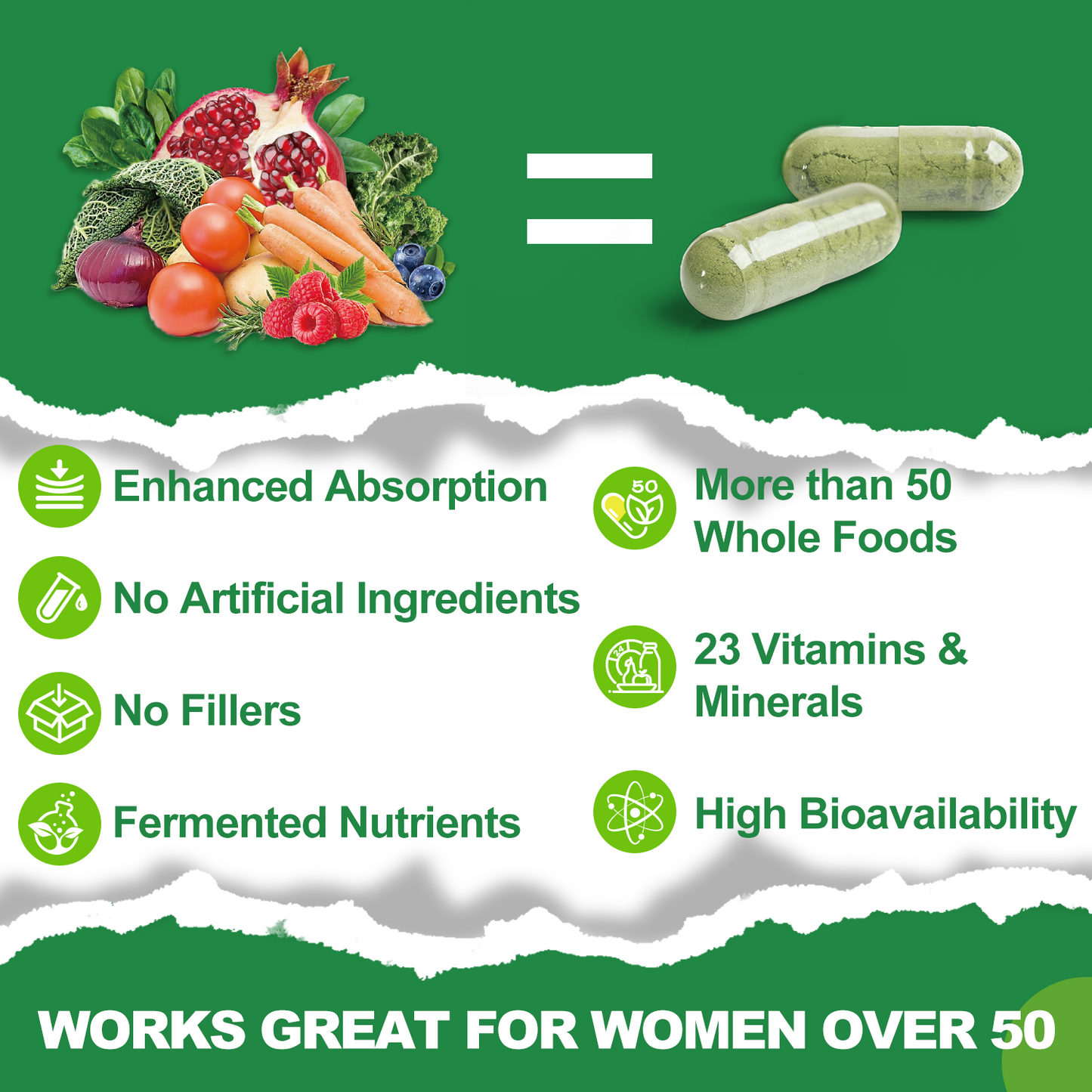 Multivitamin for Women 50 and Over, Whole Food Multivitamins Minerals Organic Extracts Women's 50+ Multivitamin for Energy Support, Nourish Hair, Skin, Nails Health