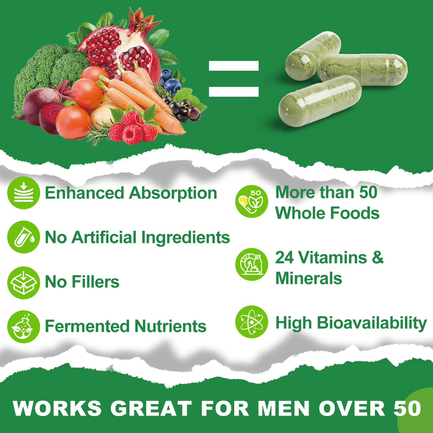 Mens Multivitamins 50 Plus, Whole Food Multivitamin Organic Natural Foods Mens Vitamins Multivitamin Men 50+ for Brain, Heart and Eye Health, Improve Digestion & Prostate Healt