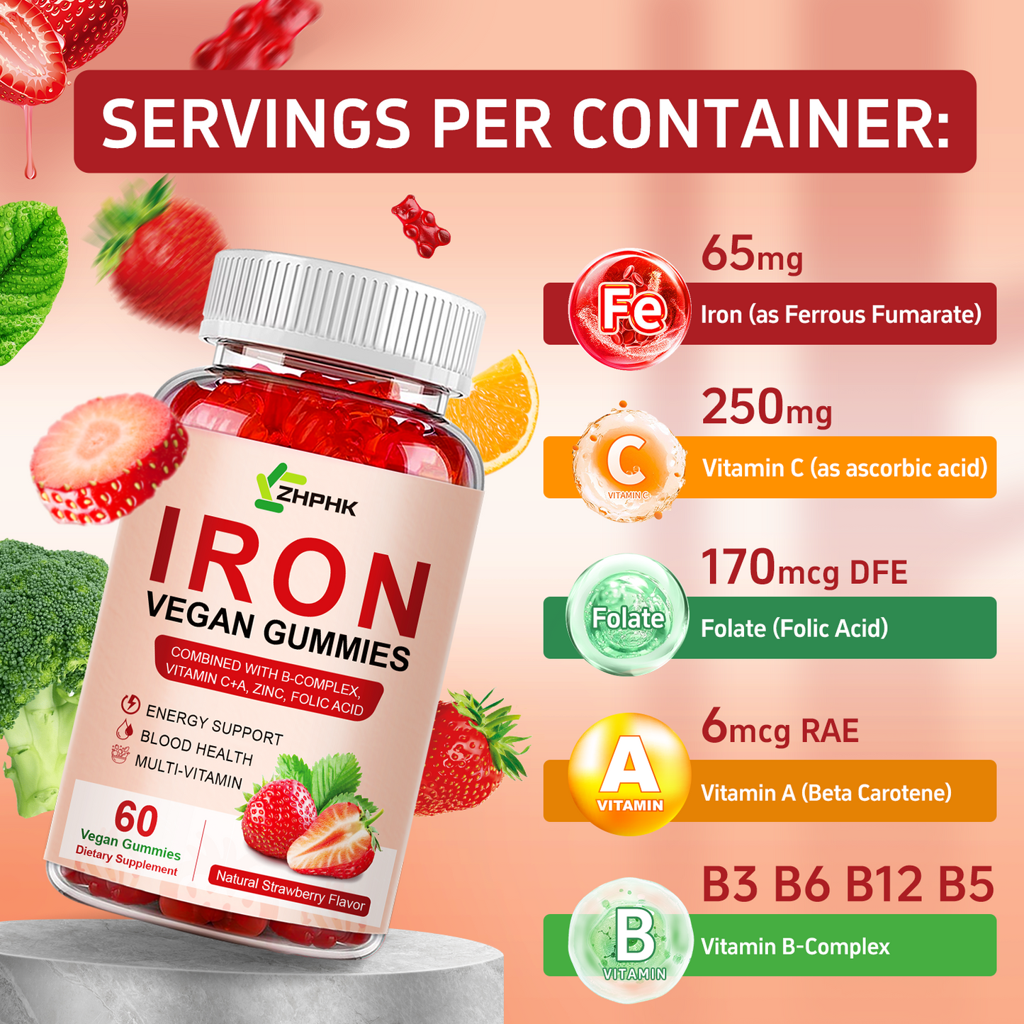 Iron Supplement Gummies, 65mg Iron and 250mg Vitamin C for Women Men Kids, Natural Vegan Iron Gummy with Vitamin A, B-Complex, Biotin, Zinc & Folate Energy Support & Immune Health