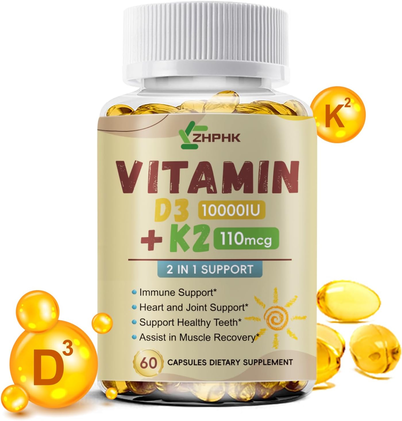 D3 K2 Vitamin 10,000 IU, K2 Vitamin with D3 Supplement High Potency Non-GMO Formula, Immune Supports, Bone & Heart Health Microingredients Vitamin D3 K2 Complex (MK-4 & MK-7)