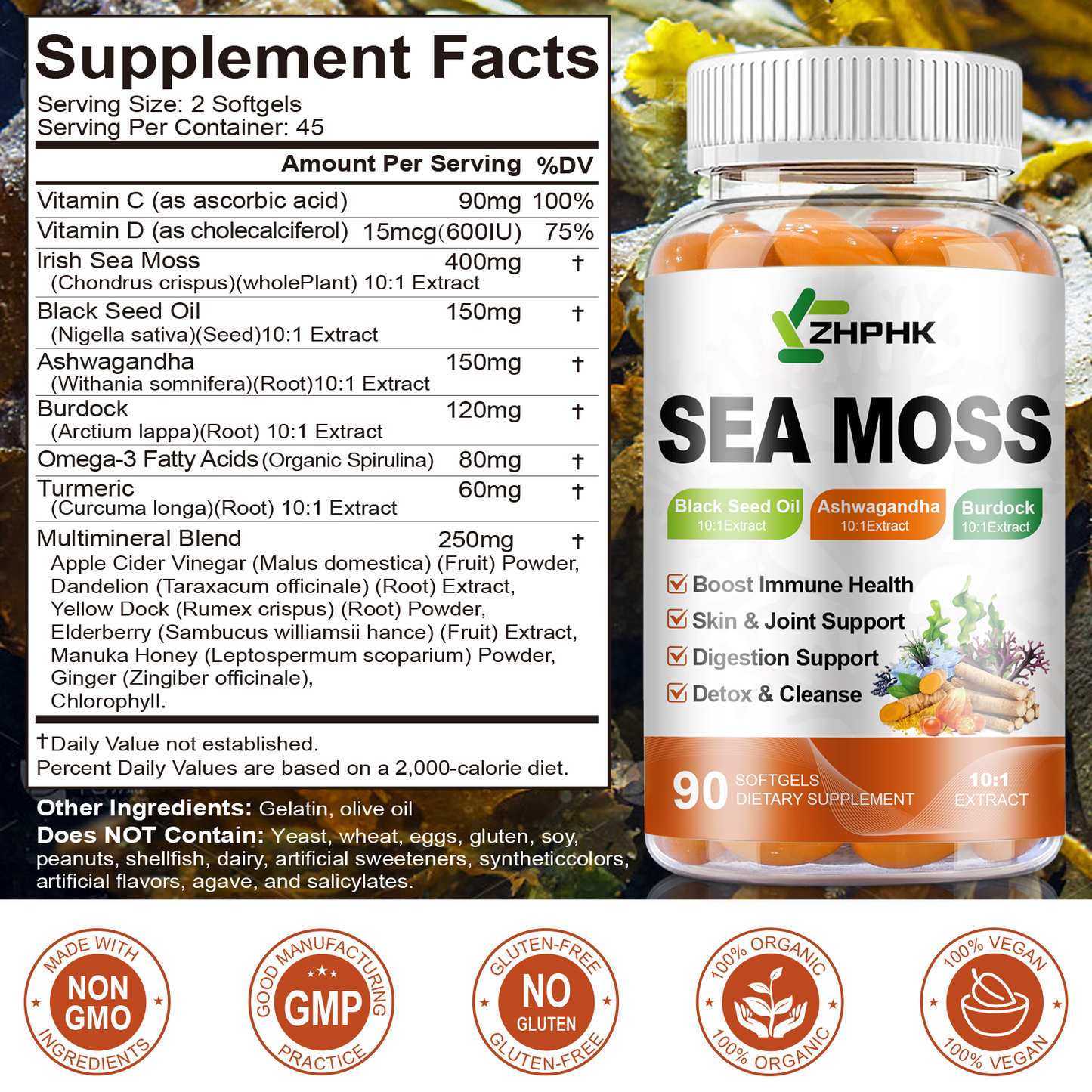 Organic Sea Moss Softgels with Black Seed Oil, Ashwagandha, Burdock, Turmeric, Elderberry, Omega 3 for Immune System, Skin, Joint, Energy, Gut Support 90-Count, 45 Days Supply