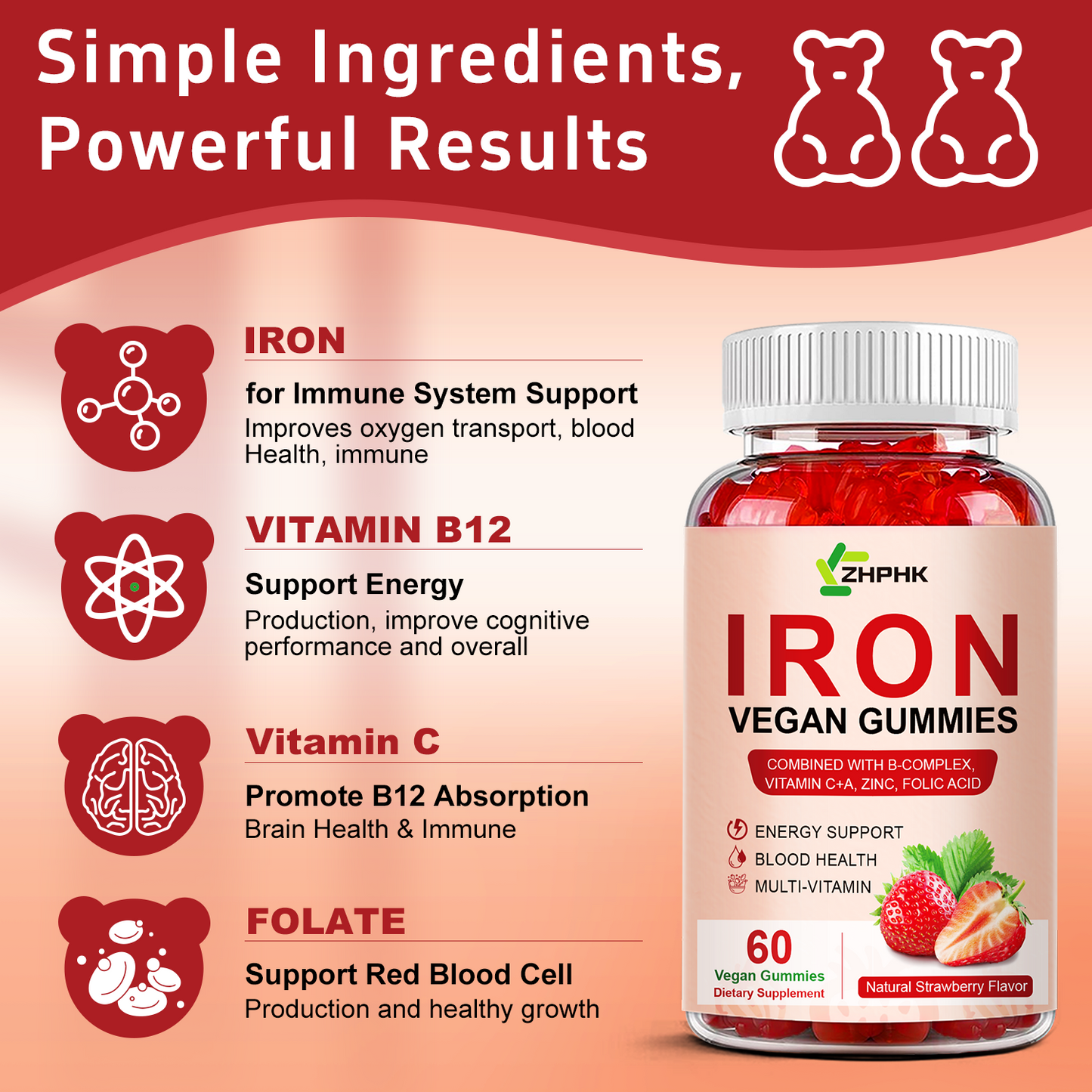 Iron Supplement Gummies, 65mg Iron and 250mg Vitamin C for Women Men Kids, Natural Vegan Iron Gummy with Vitamin A, B-Complex, Biotin, Zinc & Folate Energy Support & Immune Health