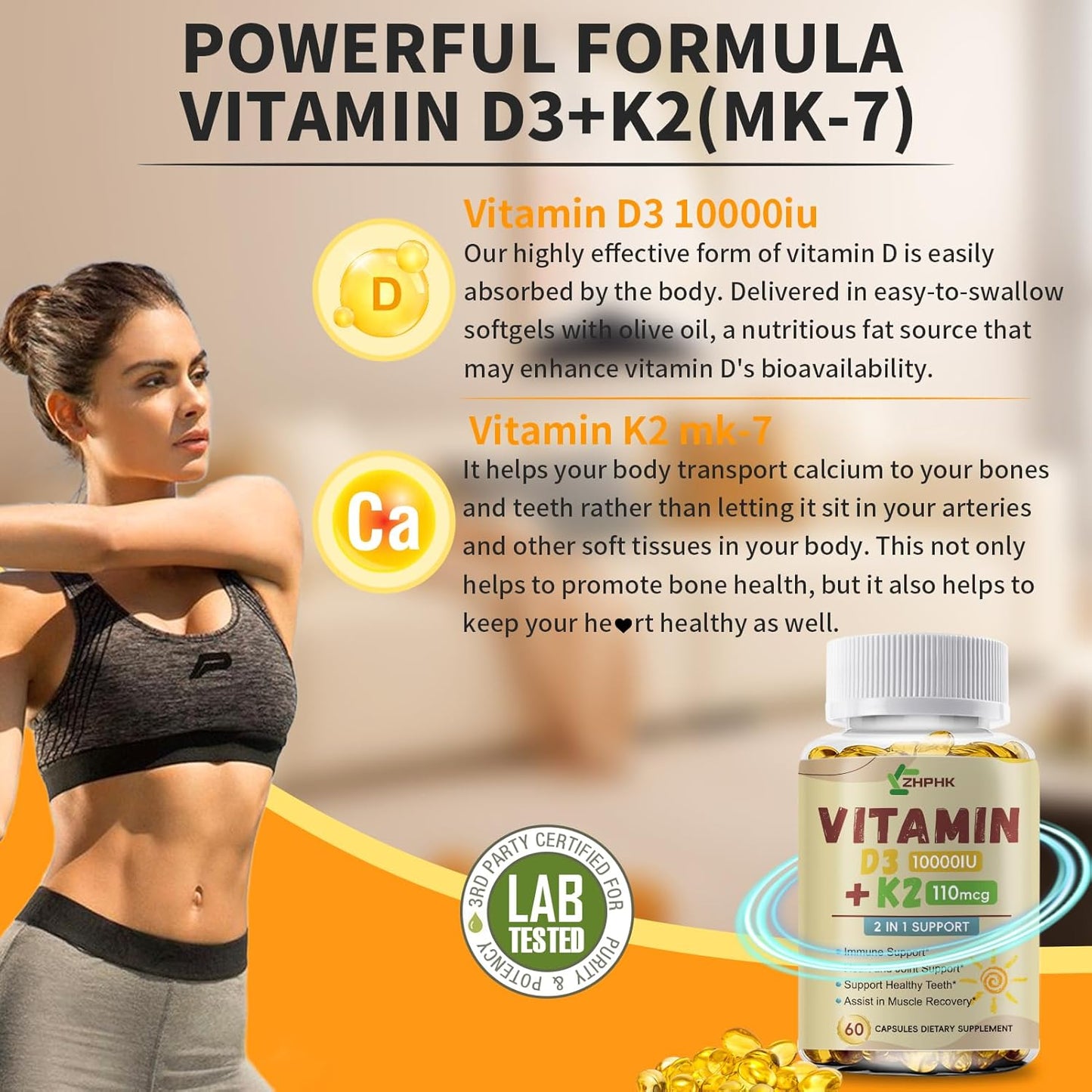 D3 K2 Vitamin 10,000 IU, K2 Vitamin with D3 Supplement High Potency Non-GMO Formula, Immune Supports, Bone & Heart Health Microingredients Vitamin D3 K2 Complex (MK-4 & MK-7)