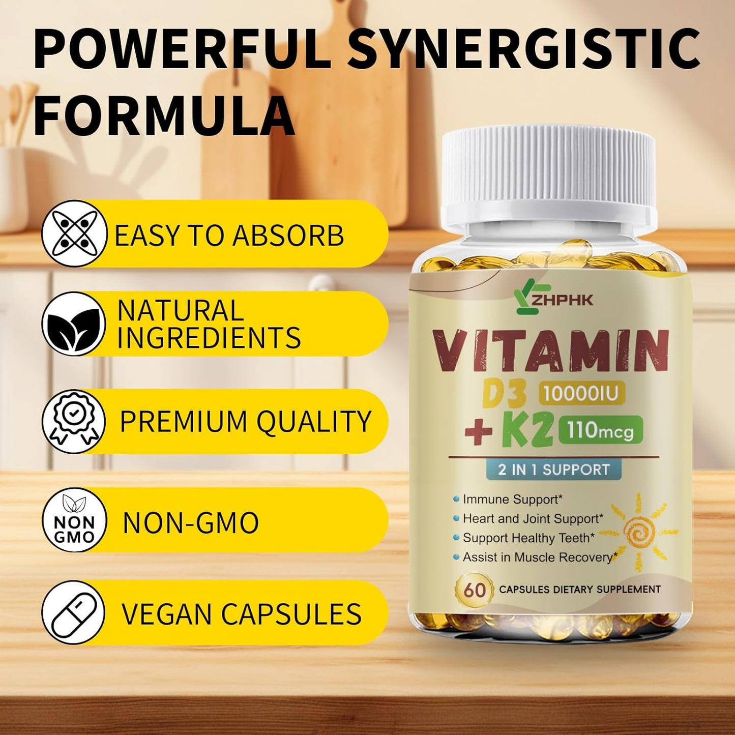 D3 K2 Vitamin 10,000 IU, K2 Vitamin with D3 Supplement High Potency Non-GMO Formula, Immune Supports, Bone & Heart Health Microingredients Vitamin D3 K2 Complex (MK-4 & MK-7)