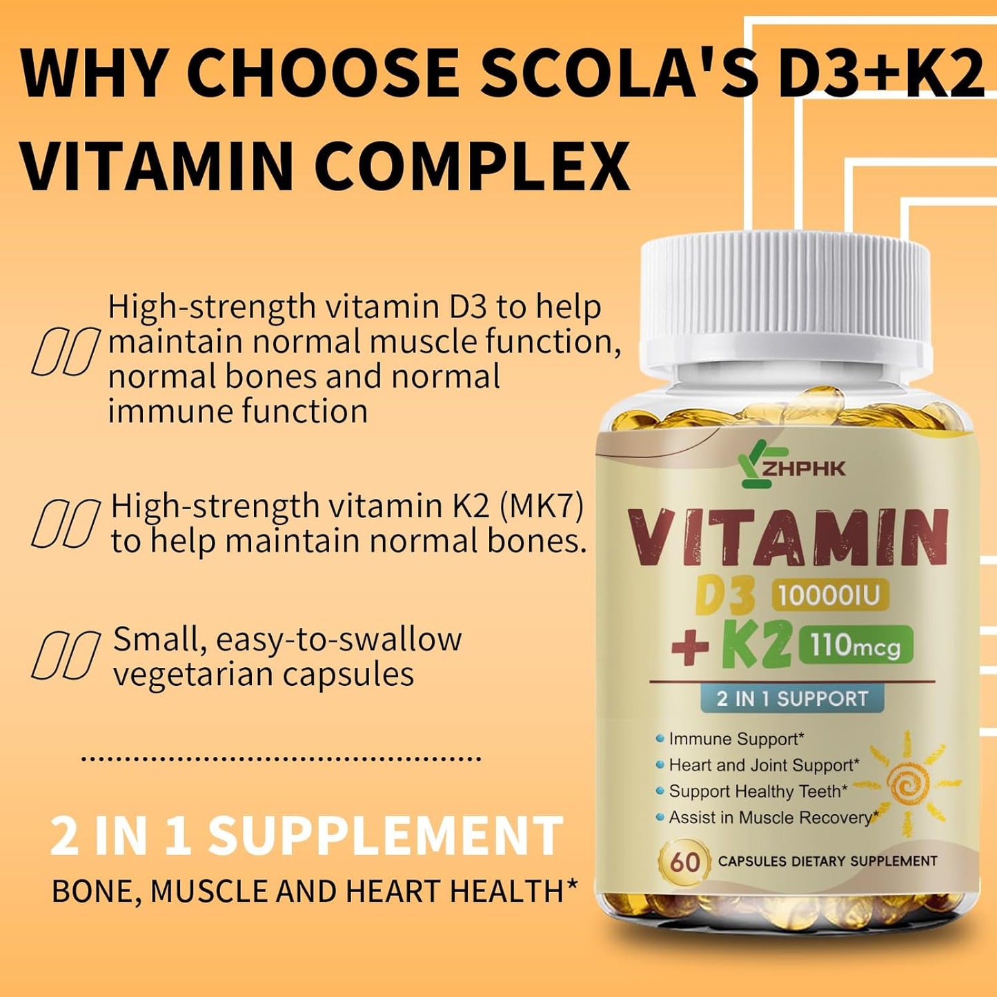 D3 K2 Vitamin 10,000 IU, K2 Vitamin with D3 Supplement High Potency Non-GMO Formula, Immune Supports, Bone & Heart Health Microingredients Vitamin D3 K2 Complex (MK-4 & MK-7)