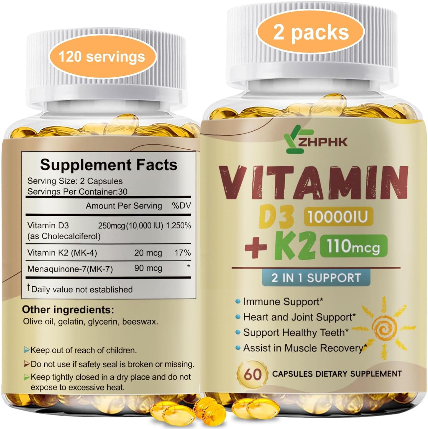 D3 K2 Vitamin 10,000 IU, K2 Vitamin with D3 Supplement High Potency Non-GMO Formula, Immune Supports, Bone & Heart Health Microingredients Vitamin D3 K2 Complex (MK-4 & MK-7)