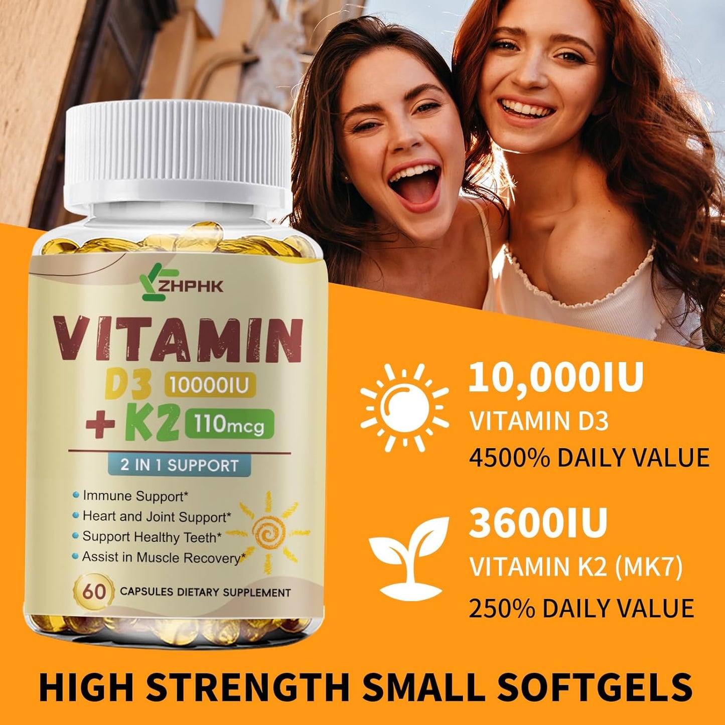 D3 K2 Vitamin 10,000 IU, K2 Vitamin with D3 Supplement High Potency Non-GMO Formula, Immune Supports, Bone & Heart Health Microingredients Vitamin D3 K2 Complex (MK-4 & MK-7)