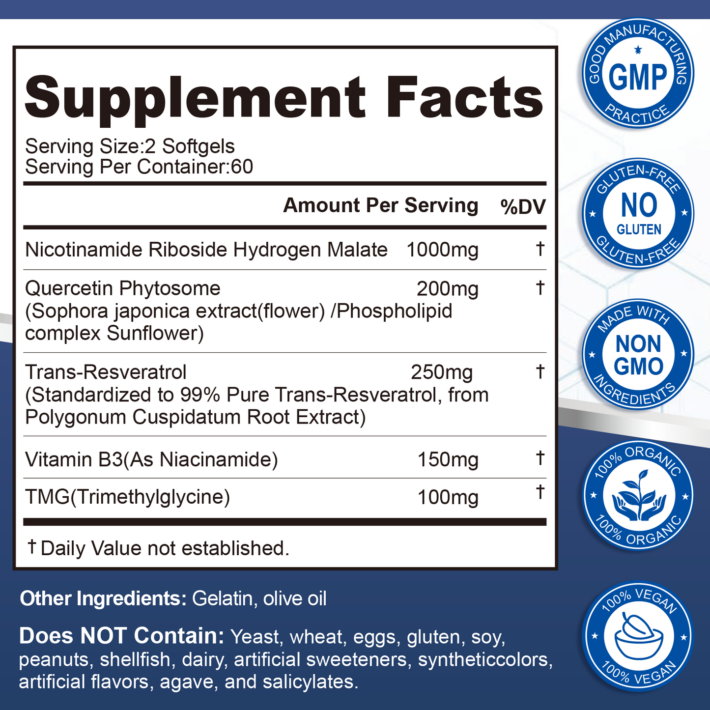 NAD Supplement Softgels 1700mg, Nad Supplements for Women & Men with Nicotinamide Riboside Quercetin Phytosome, Trans Resveratrol & TMG, Boost NAD Energy & Anti-Aging Support 120-Count, 60 Days Supply