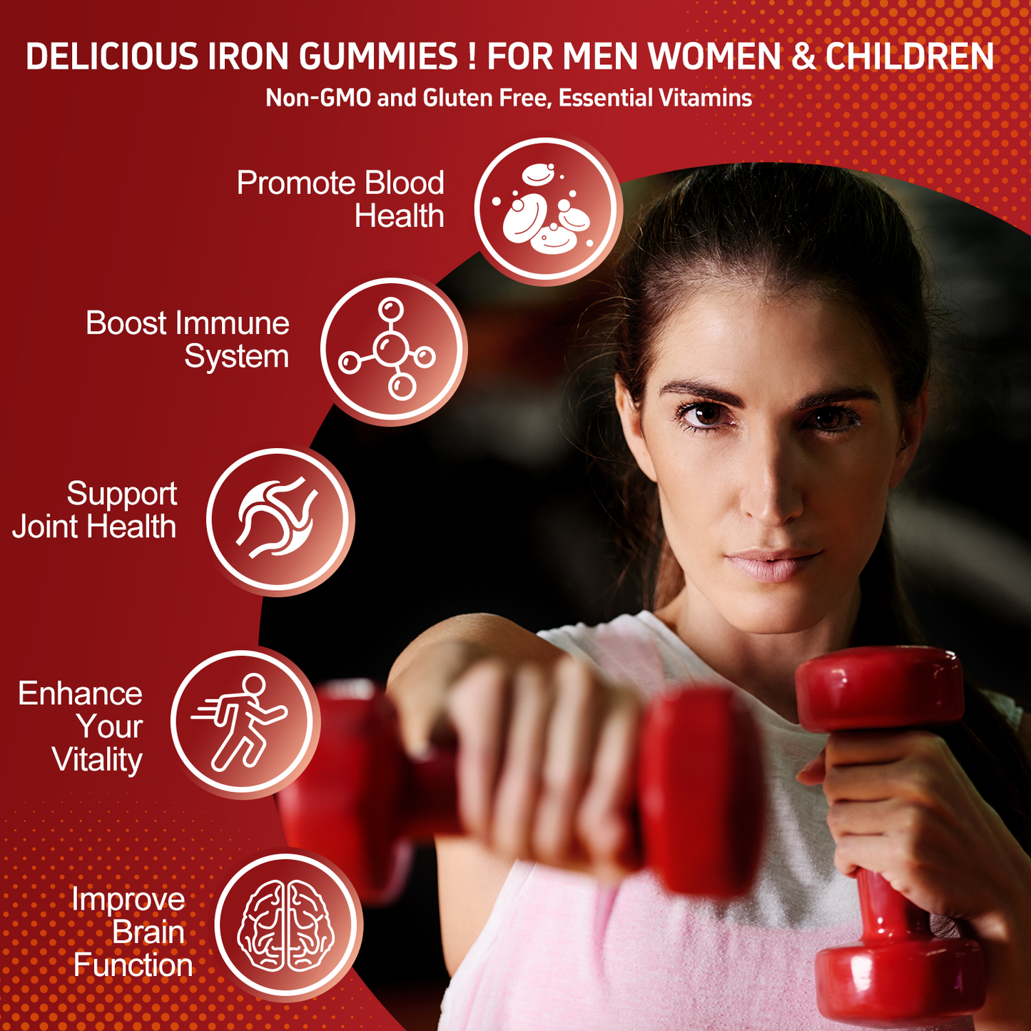 Iron Supplement Gummies, 65mg Iron and 250mg Vitamin C for Women Men Kids, Natural Vegan Iron Gummy with Vitamin A, B-Complex, Biotin, Zinc & Folate Energy Support & Immune Health