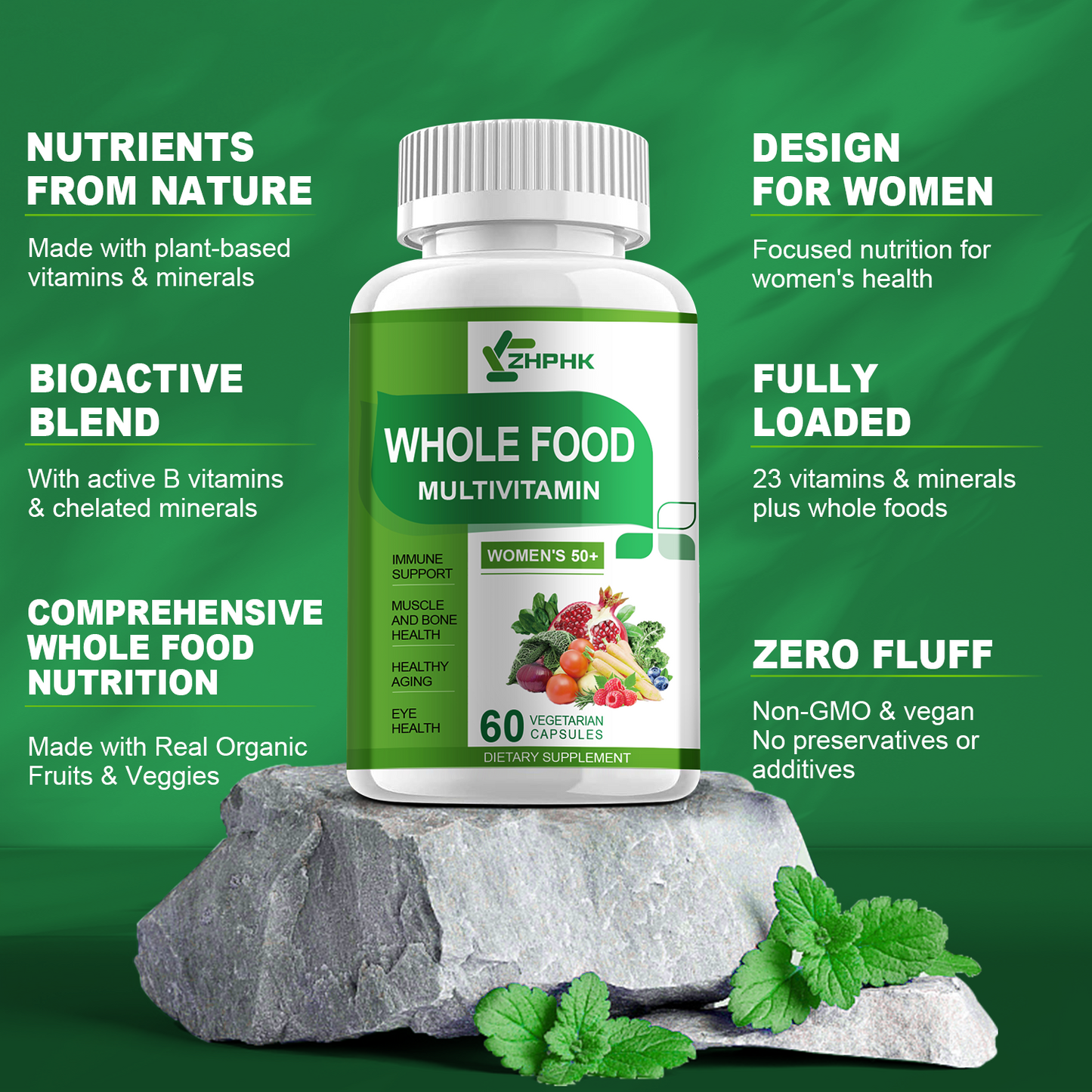 Multivitamin for Women 50 and Over, Whole Food Multivitamins Minerals Organic Extracts Women's 50+ Multivitamin for Energy Support, Nourish Hair, Skin, Nails Health
