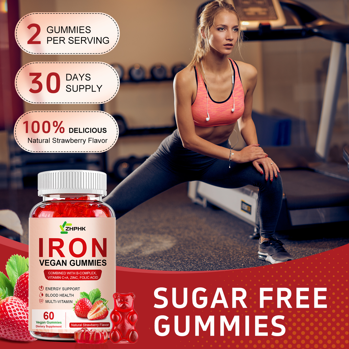 Iron Supplement Gummies, 65mg Iron and 250mg Vitamin C for Women Men Kids, Natural Vegan Iron Gummy with Vitamin A, B-Complex, Biotin, Zinc & Folate Energy Support & Immune Health