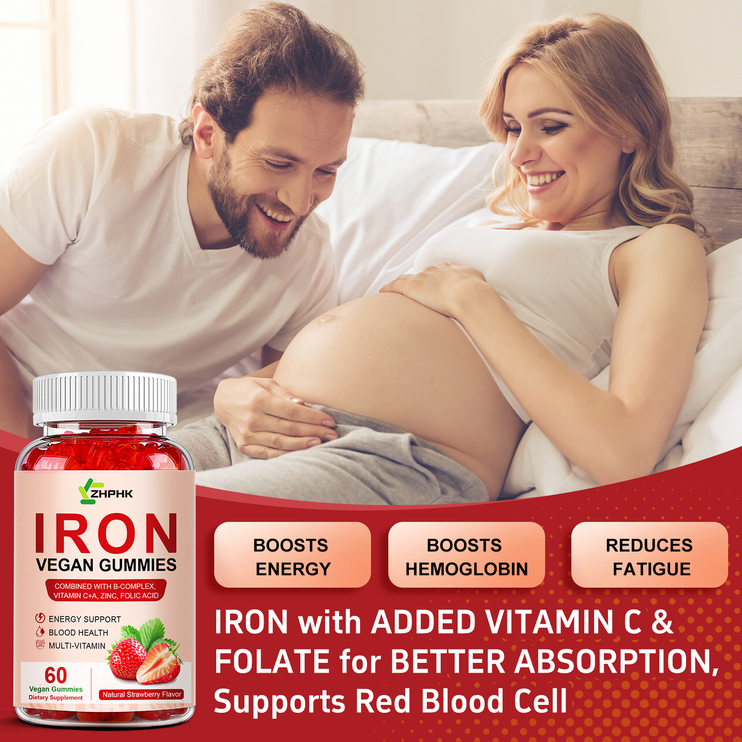 Iron Supplement Gummies, 65mg Iron and 250mg Vitamin C for Women Men Kids, Natural Vegan Iron Gummy with Vitamin A, B-Complex, Biotin, Zinc & Folate Energy Support & Immune Health