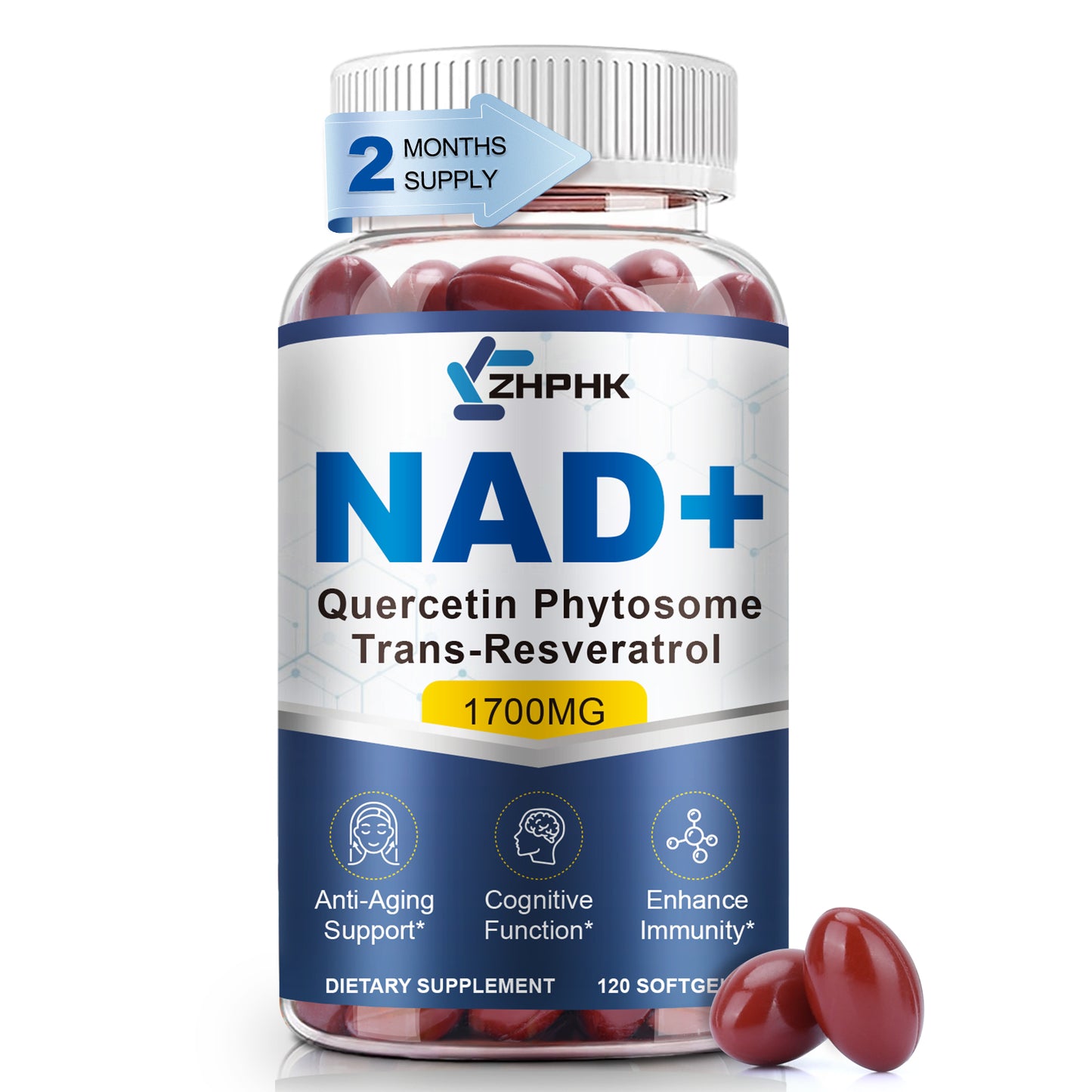 NAD Supplement Softgels 1700mg, Nad Supplements for Women & Men with Nicotinamide Riboside Quercetin Phytosome, Trans Resveratrol & TMG, Boost NAD Energy & Anti-Aging Support 120-Count, 60 Days Supply