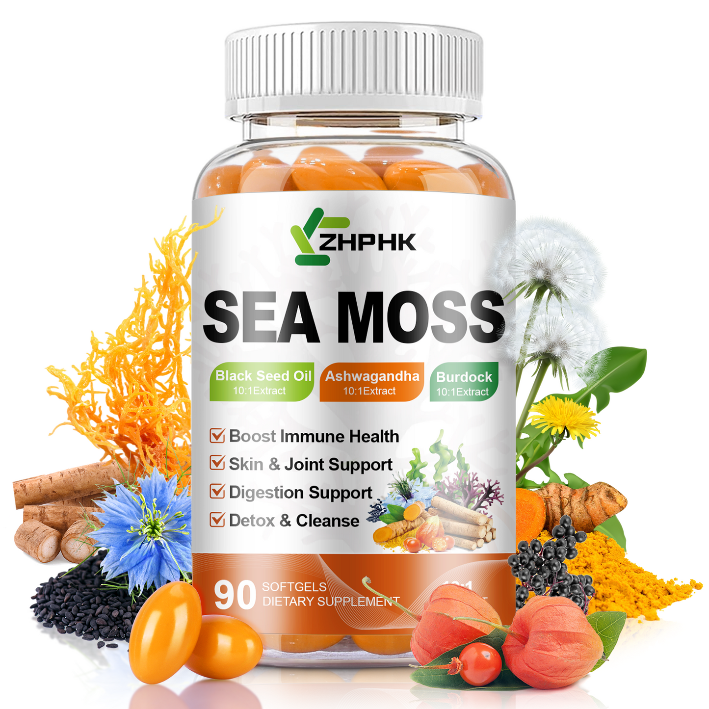 Organic Sea Moss Softgels with Black Seed Oil, Ashwagandha, Burdock, Turmeric, Elderberry, Omega 3 for Immune System, Skin, Joint, Energy, Gut Support 90-Count, 45 Days Supply